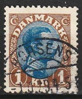 FRIMÆRKER DANMARK | 1921-22 - AFA 131a - Chr. X 1 Kr. brun/blå Type II - Lux Stemplet Horsens